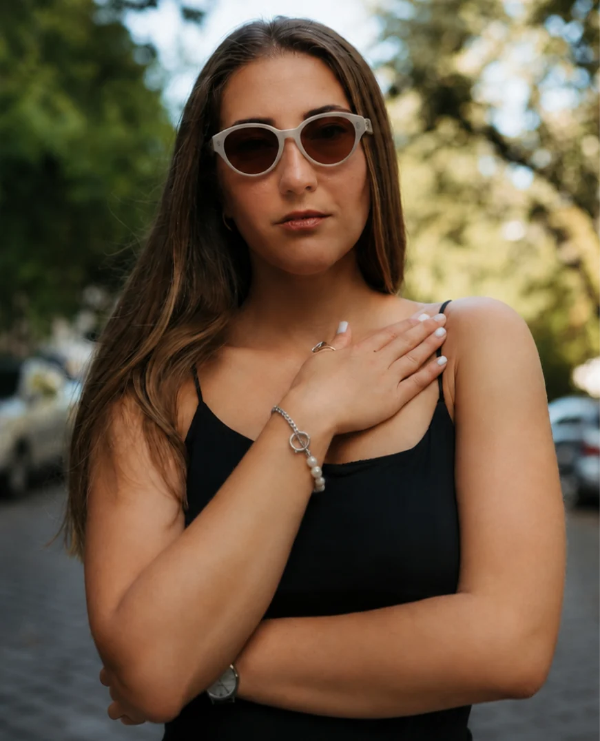 Real Tryvio generation: Icedout sunglasses and bracelet on a model, unedited